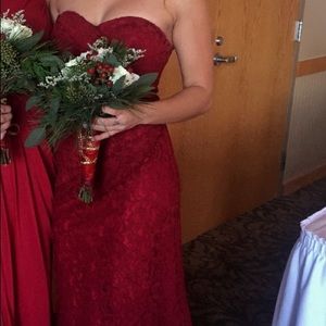 David’s bridal long, strapless, lace dress!